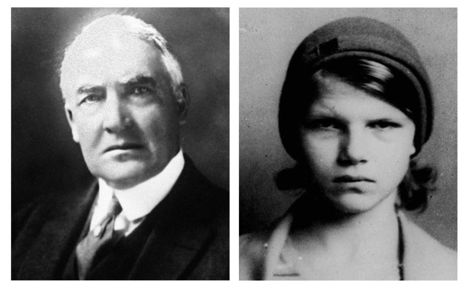 Combinación de fotos de Warren G. Harding y su hija Elizabeth Ann Britton. Pruebas genéticas demostraron en 2015 que el presidente sí tuvo una hija con su amante Nan Britton, confirmando la escandalosa historia de amor que ella reveló en su libro "La hija del presidente" y por la que fue ferozmente condenada durante casi un siglo. (AP Photos/File)