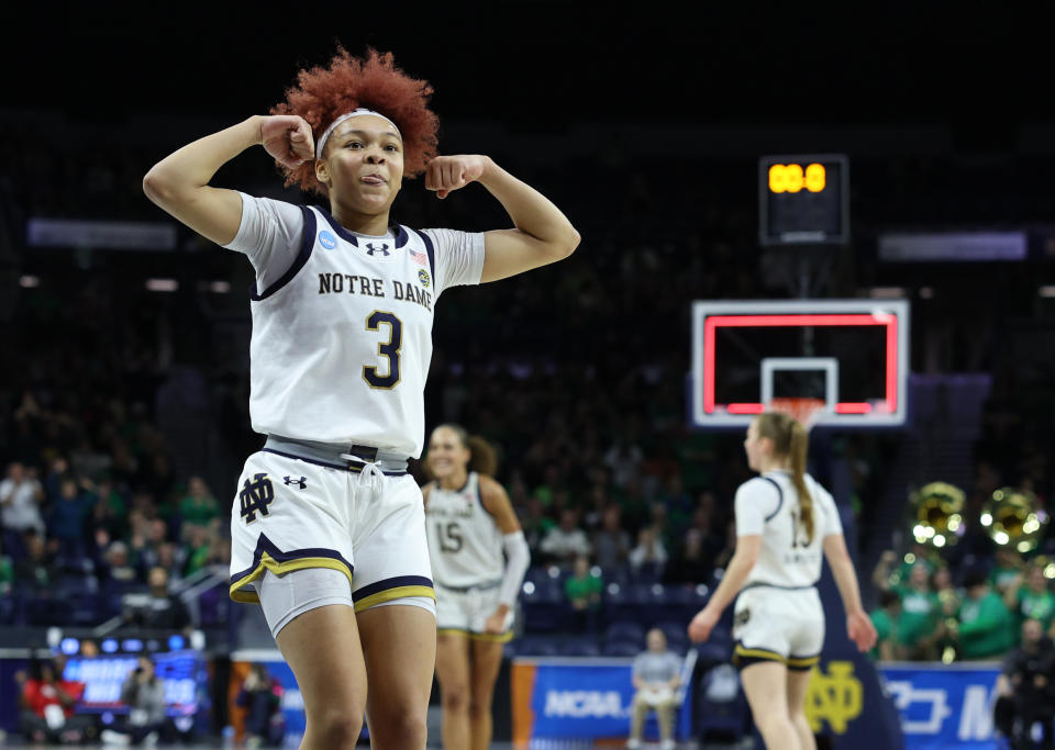 Notre Dame's Hannah Hidalgo celebrates an Irish lead during their win over Ole Miss on March 25.  (Michael Hickey/NCAA Photos via Getty Images)