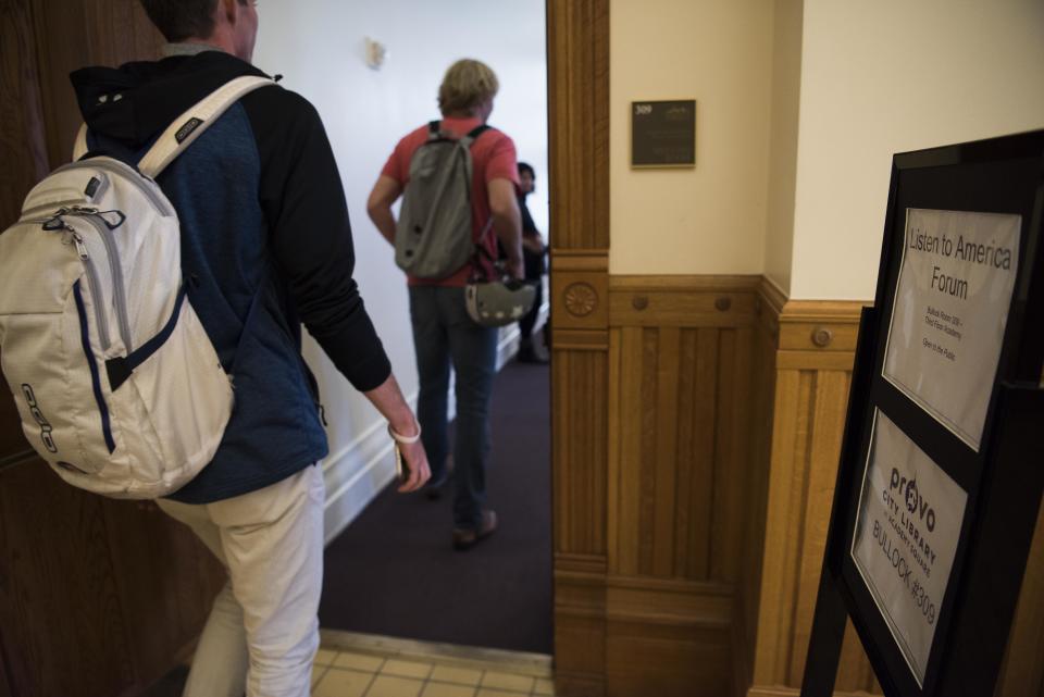 Audience members enter the "Who Are Mormon Millennials And How Will They Change America?" event at Provo City Library on Oct. 18, 2017.