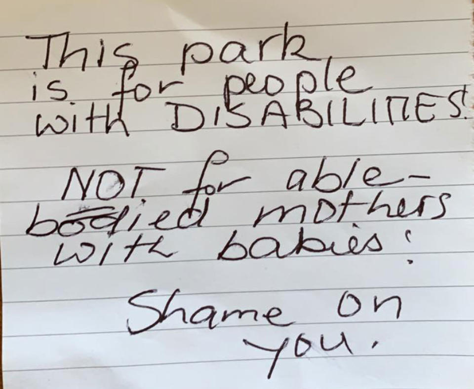 A mum, who lives in 'constant pain', was left this note on her car by someone questioning her level of disability.