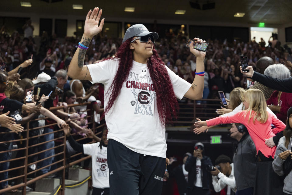 South Carolina's Kamilla Cardoso walks into Colonial Life Arena with the rest of the team, Monday, April 8, 2024, in Columbia, S.C., after winning the NCAA college women's basketball championship the previous day. South Carolina defeated Iowa to win the national title. (Joshua Boucher/The State via AP)