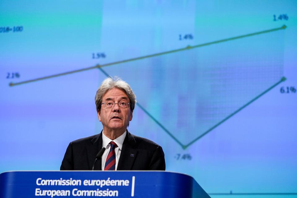 European Commissioner for the Economy Paolo Gentiloni speaks during a media conference on the economy at EU headquarters in Brussels, Wednesday, May 6, 2020. The European Union predicted Wednesday "a recession of historic proportions this year" due to the impact of the coronavirus with a drop in output of more than 7 percent, as it released its first official forecast of the damage the pandemic is inflicting on the bloc's economy. (Kenzo Tribouillard, Pool Photo via AP)