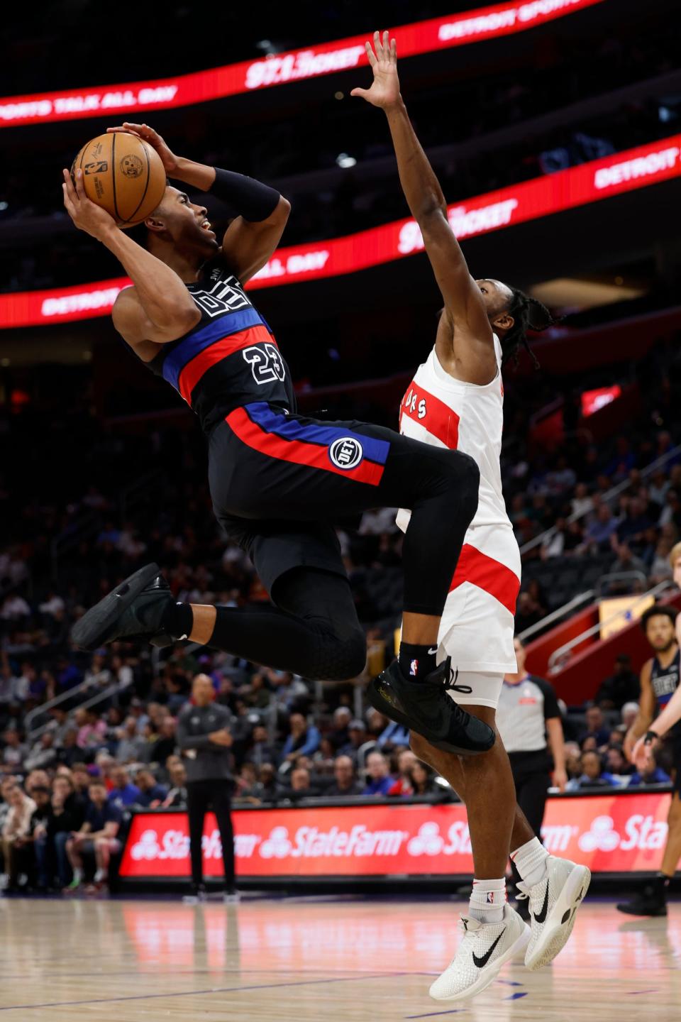 Detroit Pistons guard Jaden Ivey shoots in the first half against the Toronto Raptors at Little Caesars Arena on Wednesday, March 13, 2024.