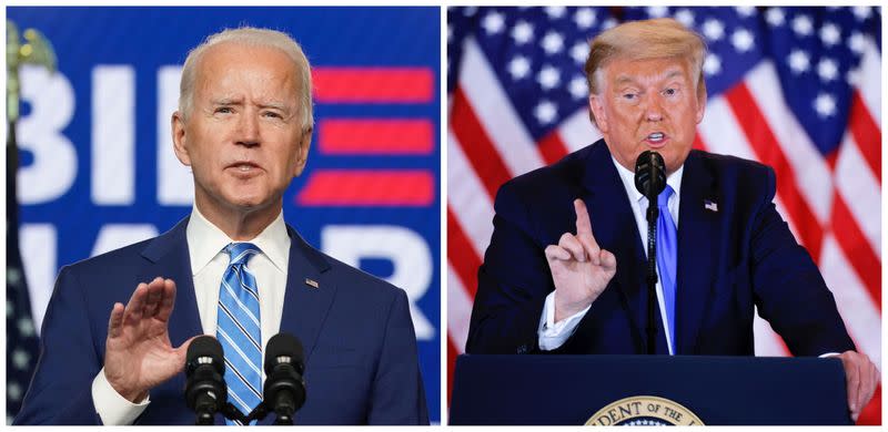 FILE PHOTO: Combination picture of Democratic U.S. presidential nominee Joe Biden and U.S. President Donald Trump speaking about the early results of the 2020 U.S. presidential election, U.S.