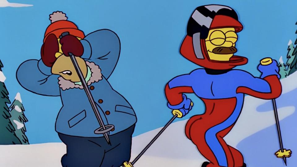 Homer covers his eyes while Stupid Sexy Flanders shows off his ski suit on The Simpsons