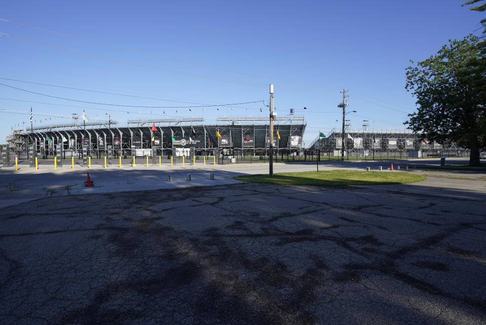 An area that is normally filled with vendors sits empty outside of the Indianapolis Motor Speedway, Thursday, Aug. 20, 2020, in Indianapolis. (AP Photo/Darron Cummings)