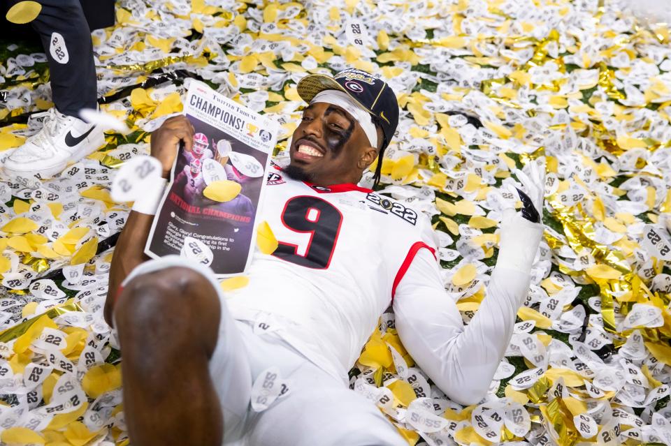 Jan 10, 2022; Indianapolis, IN, USA; Georgia Bulldogs defensive back Ameer Speed (9) celebrates after defeating the Alabama Crimson Tide in the 2022 CFP college football national championship game at Lucas Oil Stadium.