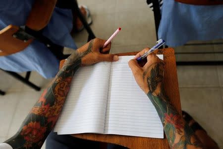 An inmate writes during an English lesson inside Klong Prem high-security prison in Bangkok, Thailand July 12, 2016. REUTERS/Jorge Silva