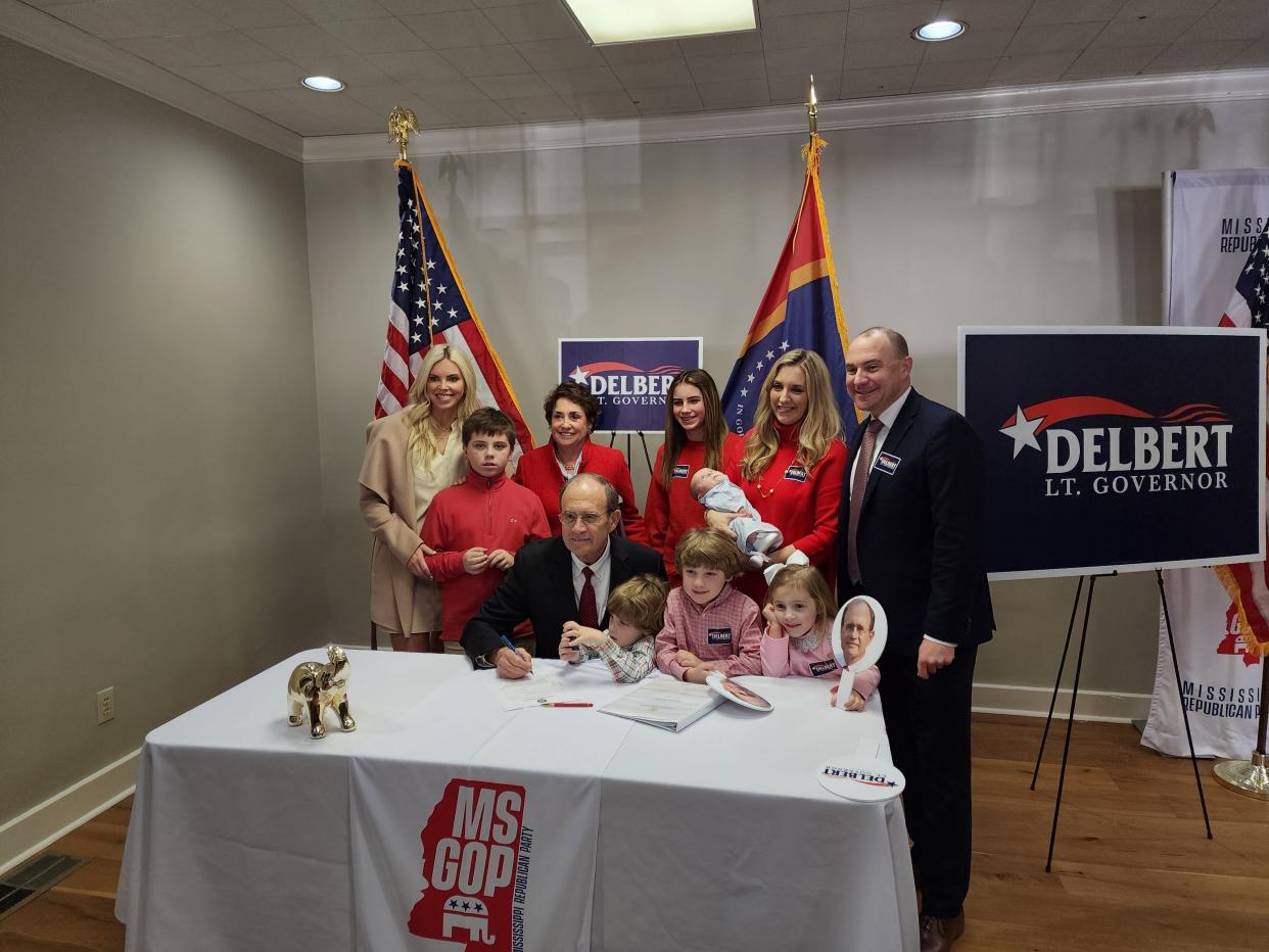 Mississippi Lt. Gov. Delbert Hosemann, seated center, qualifies for reelection at Mississippi Republican Party Headquarters in Jackson, MS on Thursday Jan. 5, 2023.