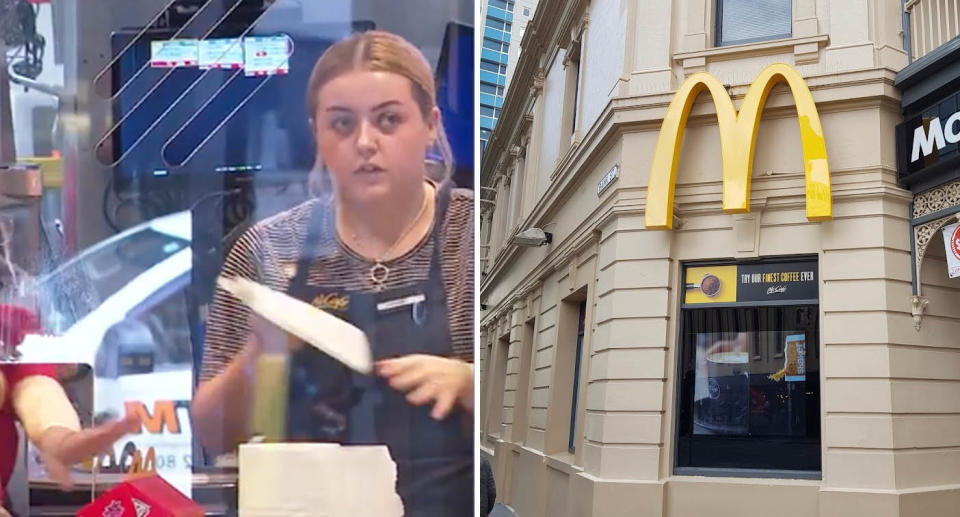 A photo of a screen McDonald's workers are behind in Adelaide at a Hindley Street store. Another photo of the front of the store.