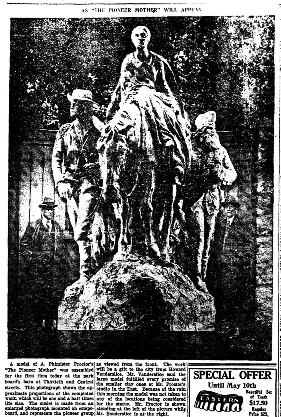 Photographic model of the Pioneer Mother, The Kansas City Star, April 29, 1928.