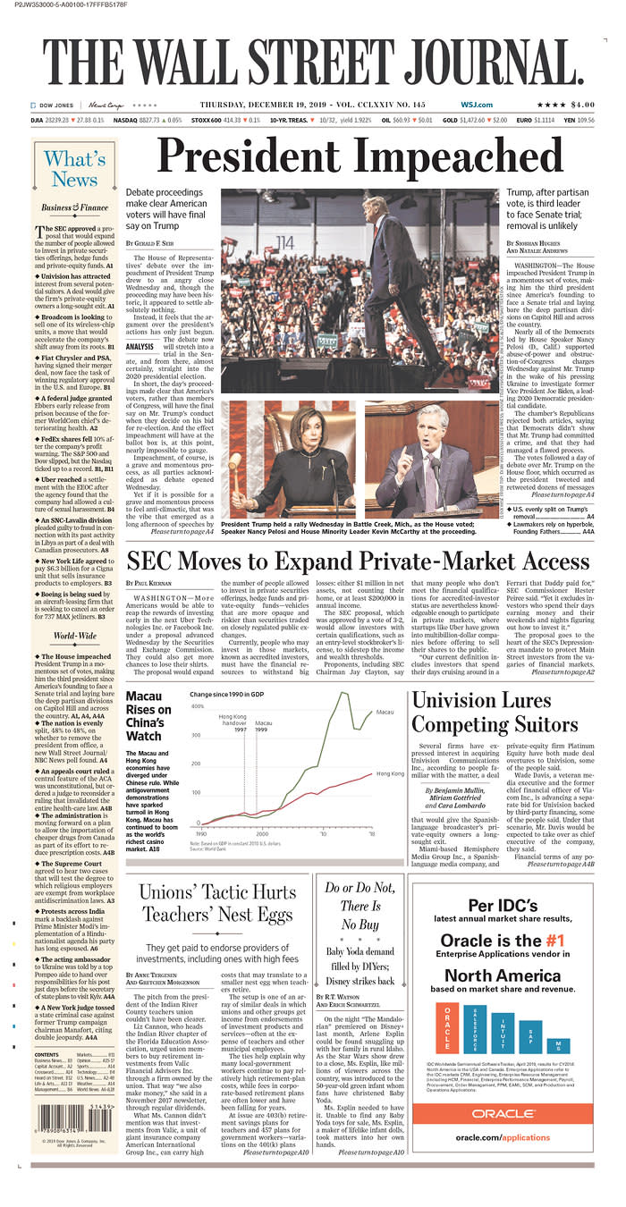 The front page of Thursday's Wall Street Journal. (Newseum.org)