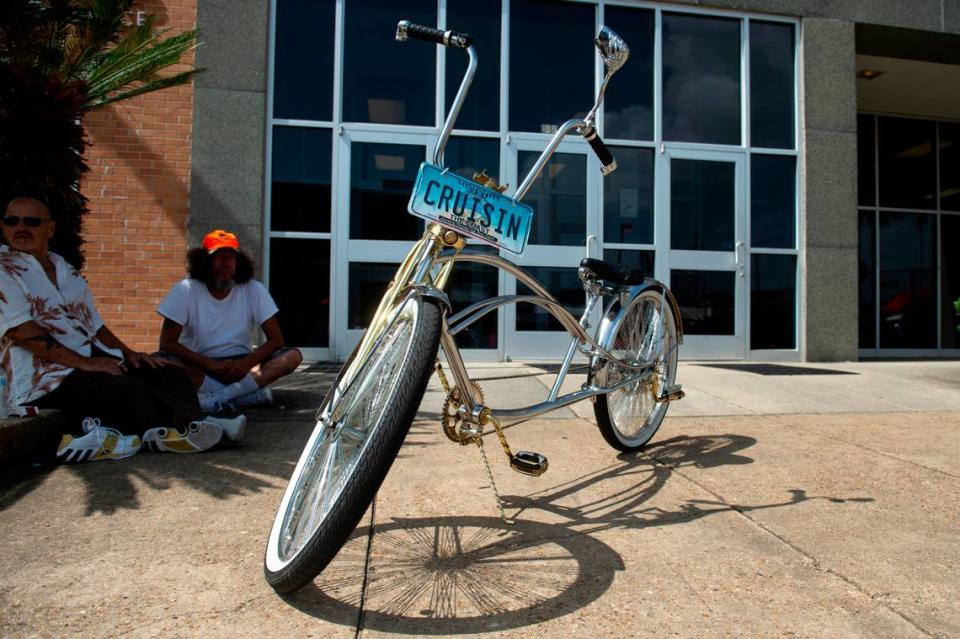 A bike with a Cruisin’ license plate is parked during the Biloxi Block Party, one of many Cruisin’ the Coast events, in Biloxi on Wednesday, Oct. 4, 2023.