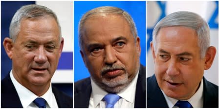 A combination picture shows Blue and White party leader Benny Gantz, Yisrael Beitenu party leader Avigdor Lieberman and Israeli Prime Minister Benjamin Netanyahu