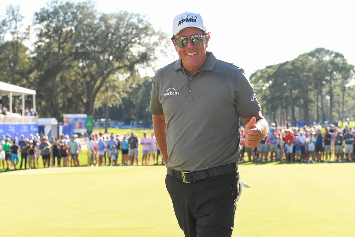 PONTE VEDRA BEACH - OCTOBER 10: Phil Mickelson gives thumbs up while walking off the 18th green during the final round of the PGA TOUR Champions Constellation FURYK & FRIENDS presented by Circle K at Timuquana Country Club on October 10, 2021 in Jacksonville, Florida. (Photo by Ben Jared/PGA TOUR via Getty Images)