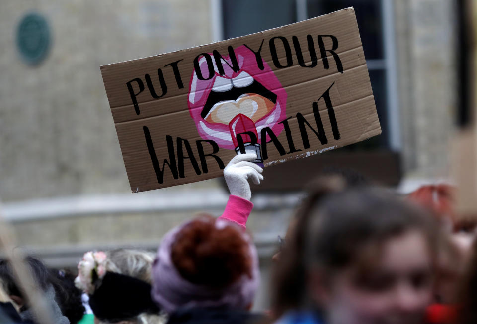 A protester holds up a sign during the Women’s March calling for equality, justice and an end to austerity in London, Britain, Jan.19, 2019. (Photo: Simon Dawson/Reuters)