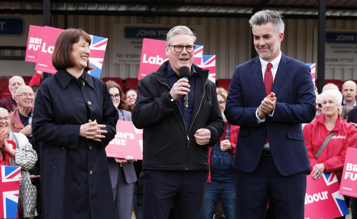 Labour's Rachel Reeves and Sir Keir Starmer celebrate with David Skaith after he won the York and North Yorkshire mayoral election. (PA)