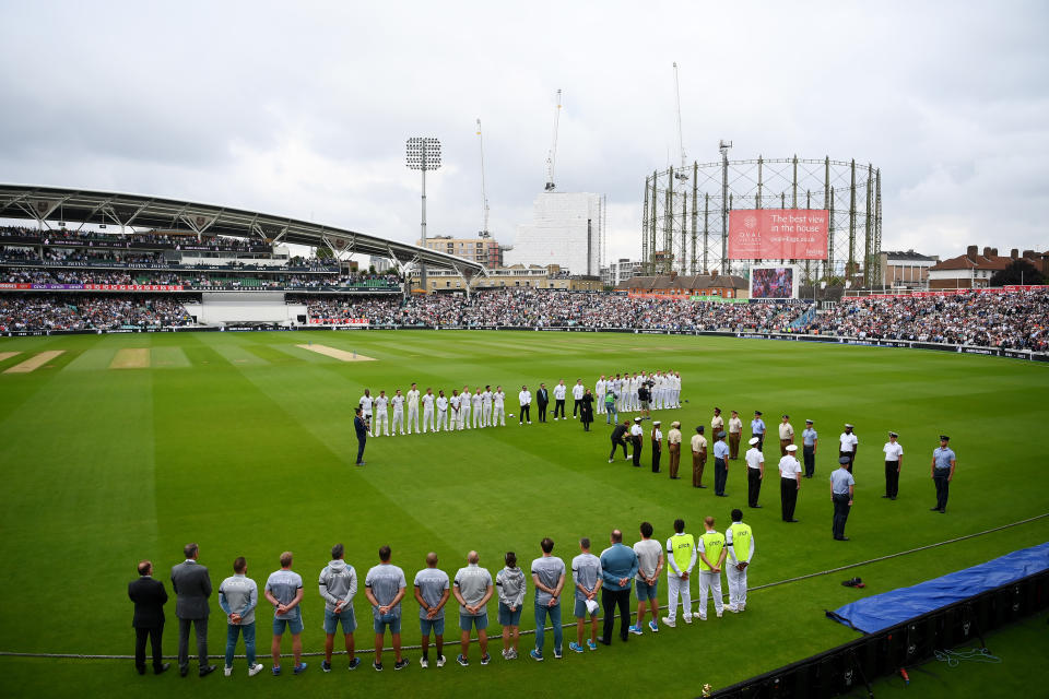 LONDON, ENGLAND - SEPTEMBER 10: Players and officials line up for the National Anthem ahead of Day Three of the Third LV= Insurance Test Match between England and South Africa at The Kia Oval on September 10, 2022 in London, England. (Photo by Alex Davidson/Getty Images for Surrey CCC)