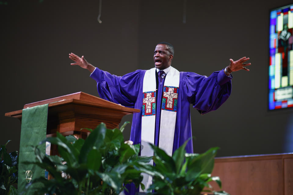 Rev. Dante Quick, preaches during a church service at the First Baptist Church of Lincoln Gardens on Sunday, May 22, 2022, in Somerset, N.J. Quick said Black clergy face various stressors. But social justice advocacy “brings its own stress,” he said. “Preaching about George Floyd and Breonna Taylor, and the (psychological) trauma that we have to try to shepherd people of color through requires an intense amount of empathy that wears on one’s spirit.” (AP Photo/Eduardo Munoz Alvarez)