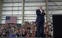 <p>President Donald Trump waits to speak at his “Make America Great Again Rally” at Orlando-Melbourne International Airport in Melbourne, Fla., Saturday, Feb. 18, 2017. (AP Photo/Susan Walsh) </p>