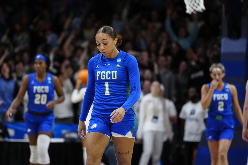 Florida Gulf Coast's Alyza Winston reacts during the second half of a second-round college basketball game against Villanova in the NCAA Tournament, Monday, March 20, 2023, in Villanova, Pa. (AP Photo/Matt Rourke)