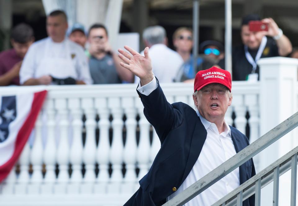 <p>Former president Donald Trump may relocate from Florida to his New Jersey golf club during hurricane season. Pictured at the club in 2017 during the 72nd US Women’s Open Golf Championship.</p> (Getty)