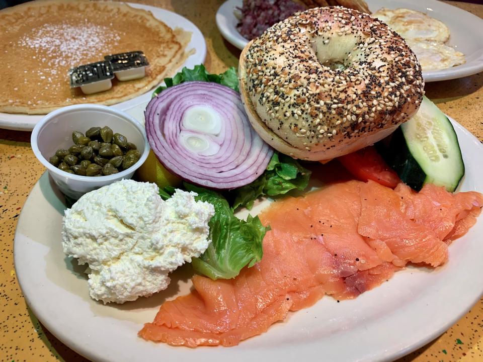 Nova lox and an everything bagel, pancake and corn beef hash and eggs at Noshville deli in Green Hills