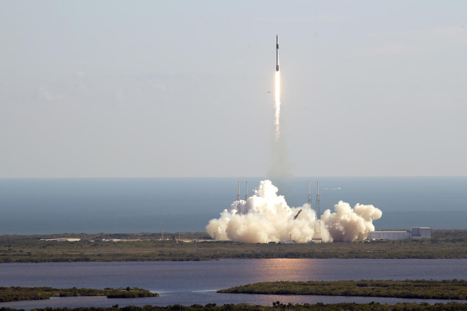 A Falcon 9 SpaceX rocket on a resupply mission to the International Space Station lifts off from Space Launch Complex 40 at Cape Canaveral Air Force Station in Cape Canaveral, Fla., Thursday, Dec. 5, 2019. (AP Photo/John Raoux)