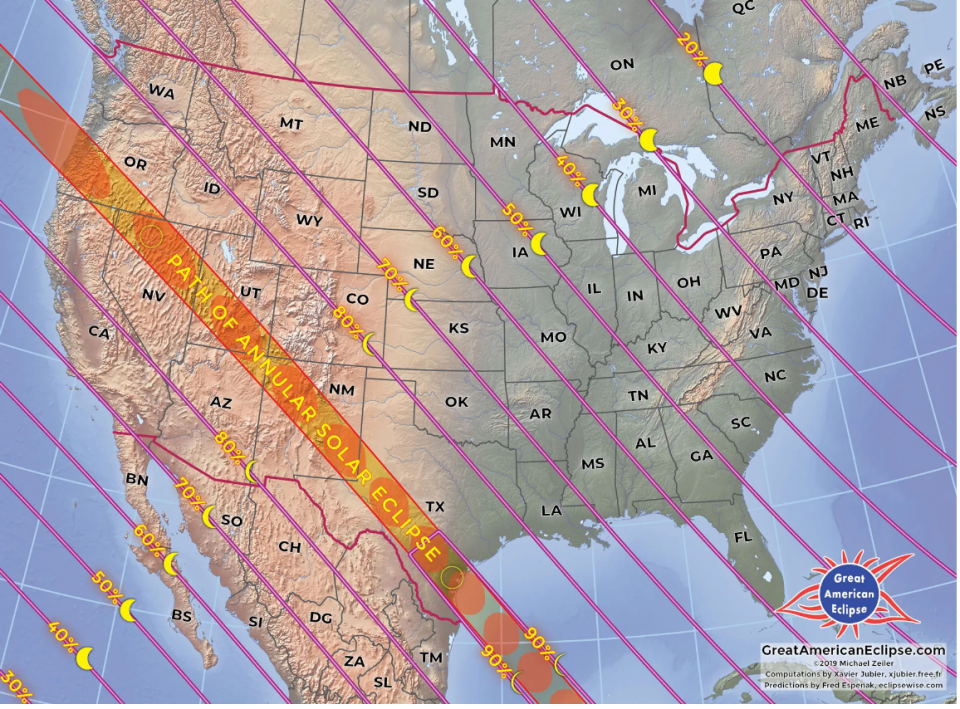 Path of the Oct. 14, 2023, annular solar eclipse.