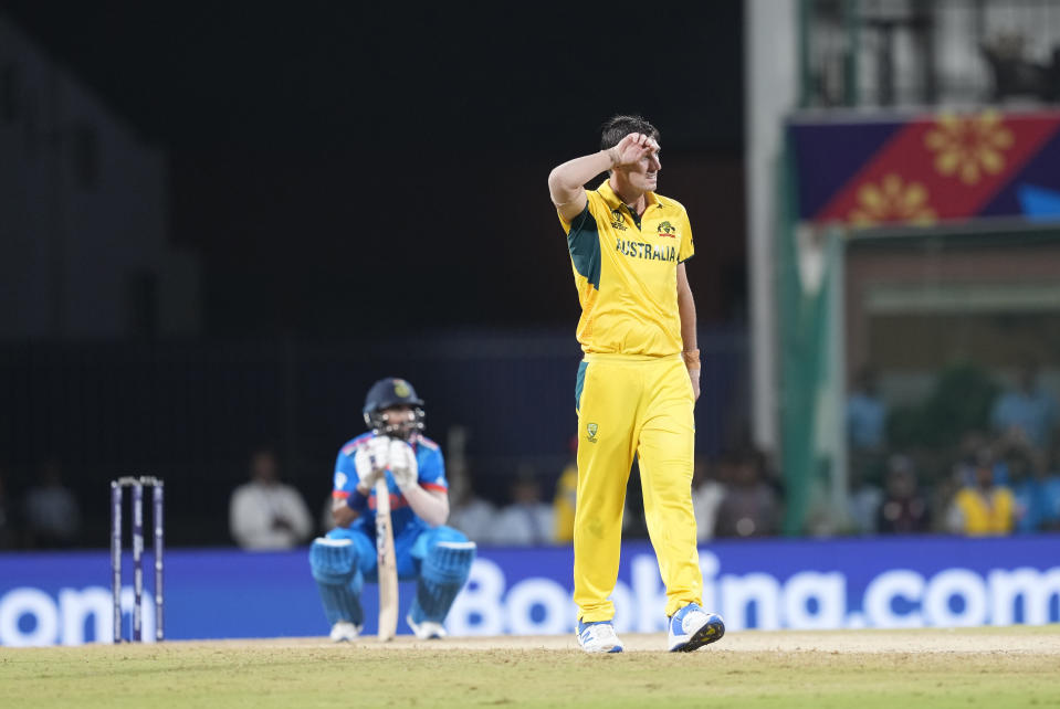 Australia's captain Pat Cummins reacts after India's KL Rahul hits a six to win the match during the ICC Men's Cricket World Cup match between India and Australia in Chennai, India, Sunday, Oct. 8, 2023. (AP Photo/Eranga Jayawardena)