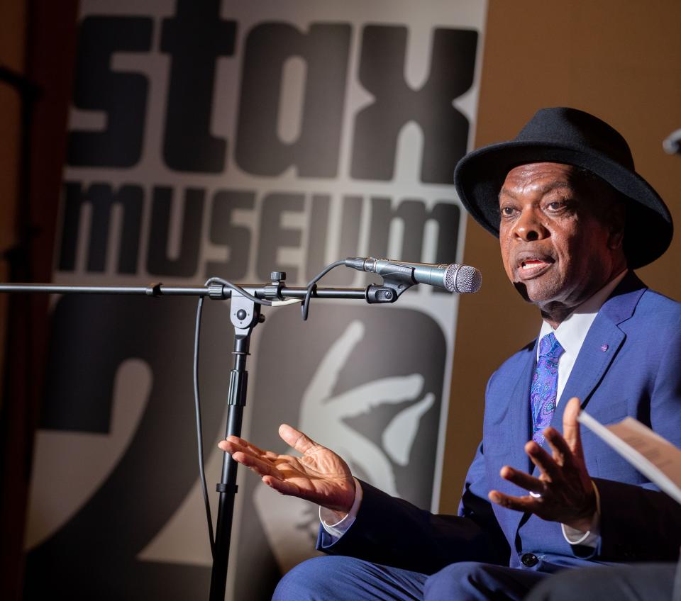 Booker T. Jones speaks during an event announcing events for the 20th anniversary of Stax Museum on Wednesday, Sept. 14, 2022, in Memphis.