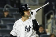 New York Yankees' Brett Gardner reacts after striking out against the Houston Astros during the eighth inning in Game 4 of baseball's American League Championship Series Thursday, Oct. 17, 2019, in New York. (AP Photo/Matt Slocum)