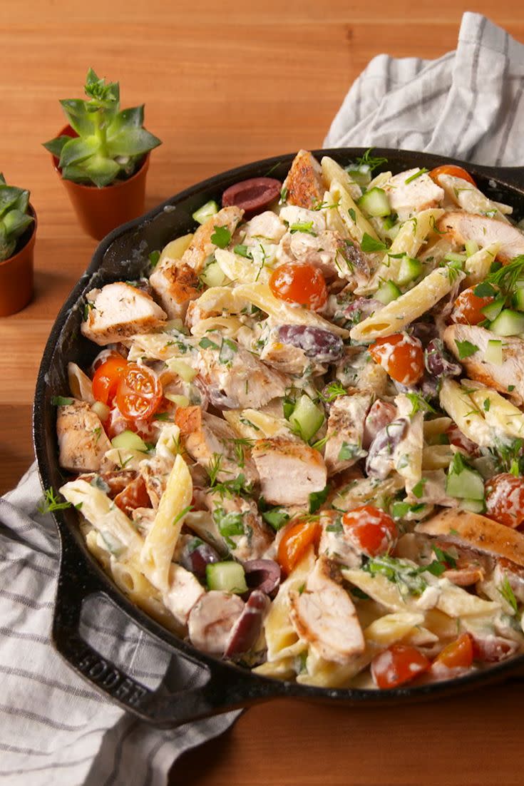 <p>Our big fat Greek pasta.</p><p>Get the recipe from <a href="/cooking/recipe-ideas/recipes/a51944/greek-chicken-pasta-recipe/" data-ylk="slk:Delish;elm:context_link;itc:0;sec:content-canvas" class="link ">Delish</a>.</p>