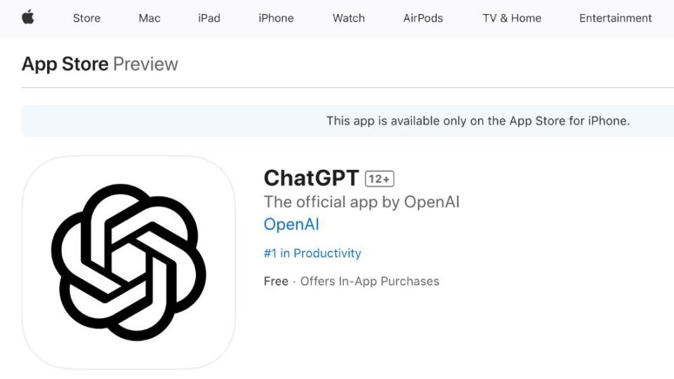 iOS用戶可搶先體驗ChatGPT APP。（圖／翻攝自APP Store官網）