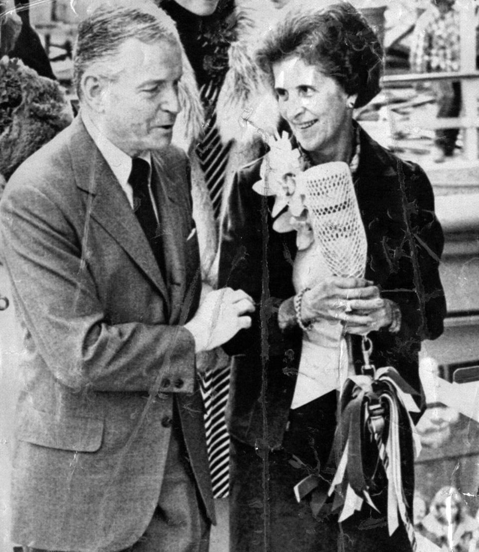 Nancy Keating, wife of Cincinnati Enquirer Publisher, William J. Keating, help commission the USS Cincinnati submarine, Feb. 19, 1977 in Newport, Virginia. The submarine is a nuclear powered attack submarine. It was decommissioned in 1996.