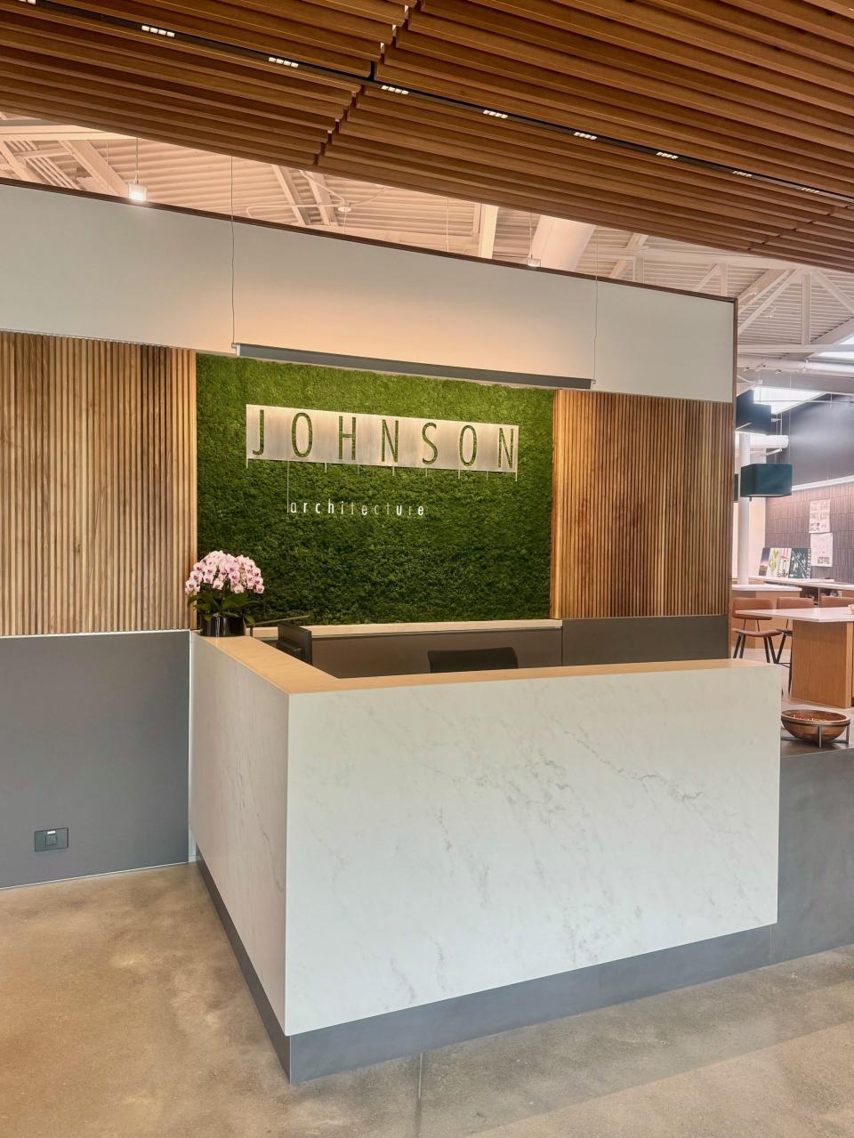 The reception area at Johnson Architecture's new South Knoxville headquarters on Davenport Road, 2024.