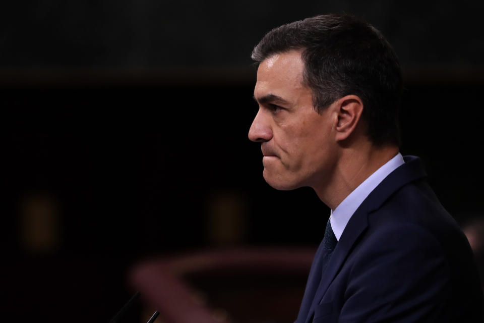 Spain's caretaker Prime Minister Pedro Sánchez speaks at the Spanish parliament in Madrid, Spain, Thursday, July 25, 2019. Caretaker Prime Minister Pedro Sánchez faces his second chance to win the endorsement of the Spanish Parliament to form a government this week. (AP Photo/Manu Fernandez)