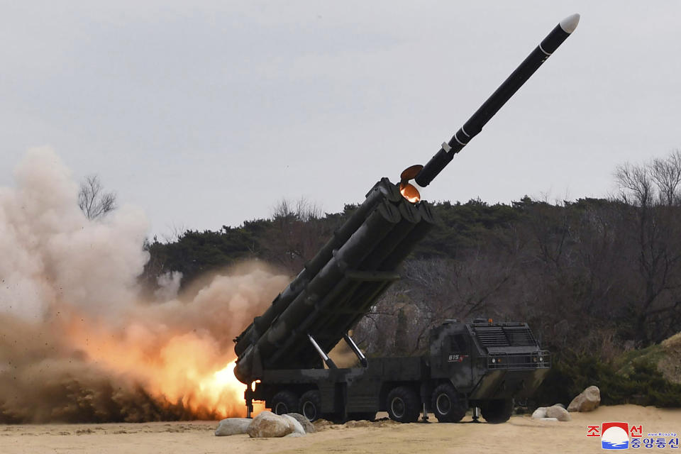 This photo provided by the North Korean government, shows what it says is a Hwasal strategic cruise missile during an exercise in South Hamgyong province, North Korea Wednesday, March 22, 2023. Independent journalists were not given access to cover the event depicted in this image distributed by the North Korean government. The content of this image is as provided and cannot be independently verified. Korean language watermark on image as provided by source reads: "KCNA" which is the abbreviation for Korean Central News Agency. (Korean Central News Agency/Korea News Service via AP)