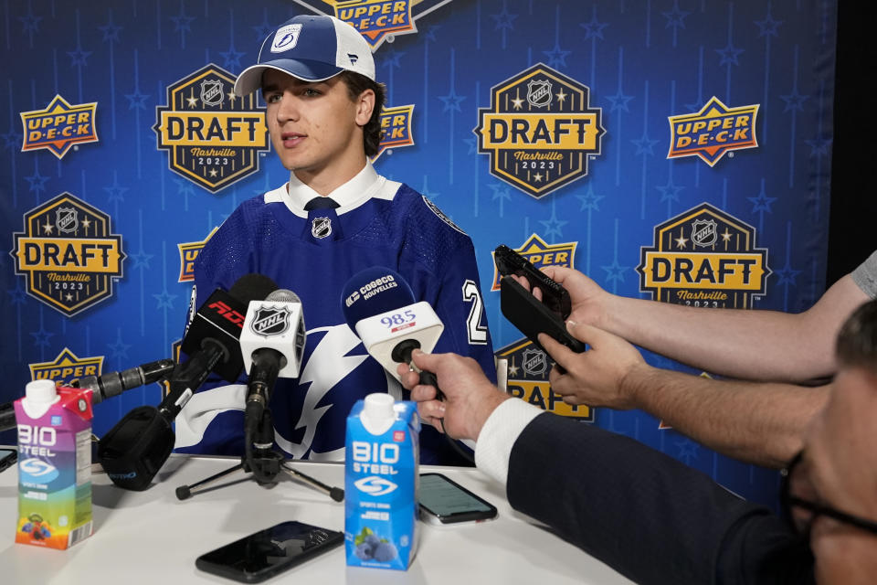 Ethan Gauthier speaks to the media after being picked by the Tampa Bay Lightning during the second round of the NHL hockey draft Thursday, June 29, 2023, in Nashville, Tenn. (AP Photo/George Walker IV)