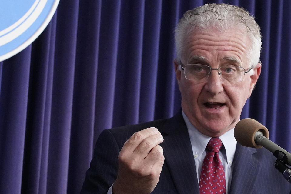 Los Angeles City Council President Paul Krekorian holds a press conference to discuss action "to preserve public trust" following the filing of charges against Los Angeles Councilmember Curren Price Jr. in Los Angeles, Wednesday, June 14, 2023. Prosecutors have charged Price Jr. with embezzlement and perjury in the latest criminal case to upend the scandal-plagued governing board of the nation's second-largest city. (AP Photo/Damian Dovarganes)