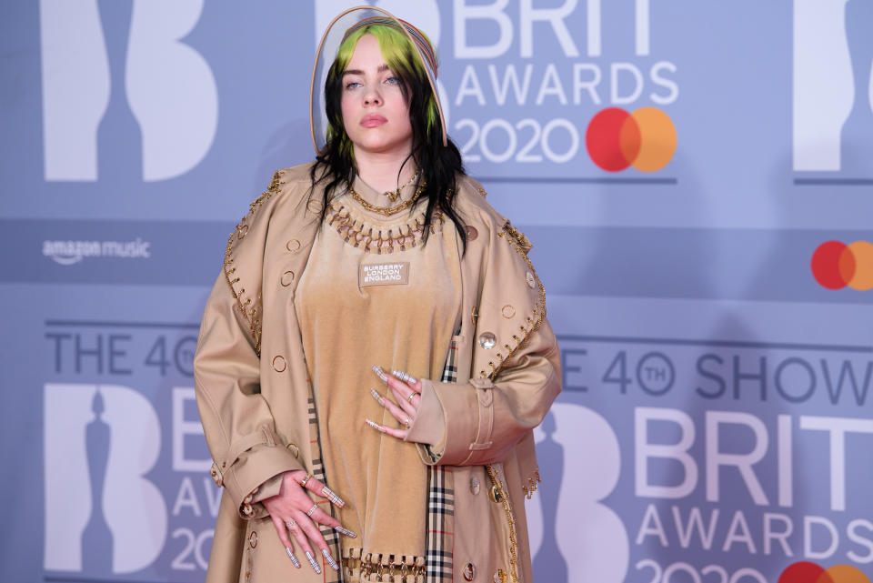 LONDON, ENGLAND - FEBRUARY 18: (EDITORIAL USE ONLY) Billie Eilish attends The BRIT Awards 2020 at The O2 Arena on February 18, 2020 in London, England. (Photo by Joe Maher/Getty Images for Bauer Media)