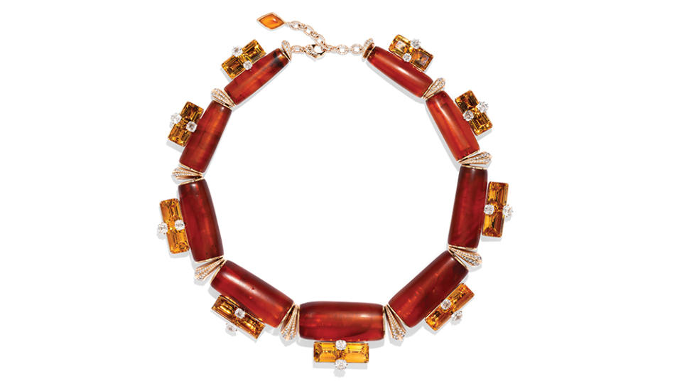 A necklace set with amber, citrines, and diamonds