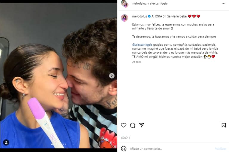 Así anunciaron Alex Caniggia y Melody Luz que esperaban un bebé juntos (Foto: Instagram @melodyluz)