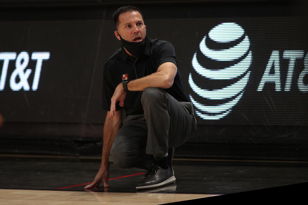 Nov 27, 2020; Lubbock, Texas, USA;  Houston State Bearkats head coach Jason Hooten on the sidelines during  the game against the Texas Tech Red Raiders at United Supermarkets Arena. Mandatory Credit: Michael C. Johnson-USA TODAY Sports