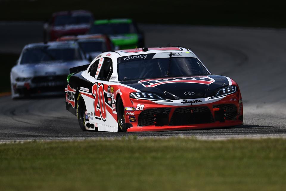 Christopher Bell leads a pack through Turn 13 on his way to victory in the CTech Manufacturing 180 in 2019.