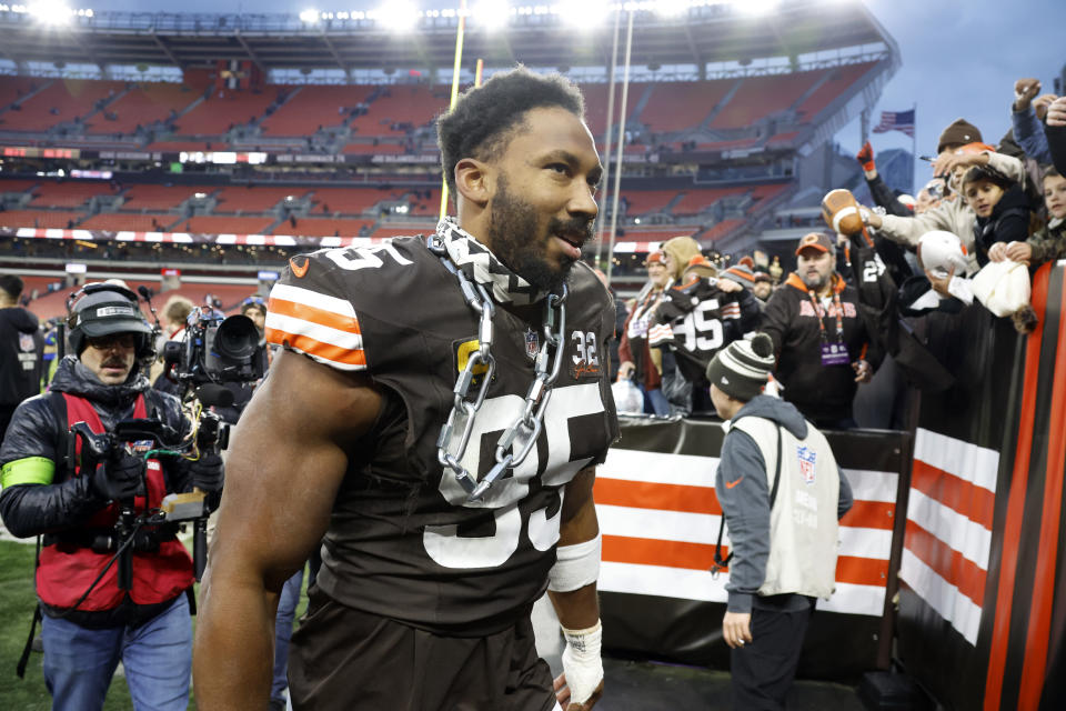 Cleveland Browns defensive end Myles Garrett walks off the field after an NFL football game against the Jacksonville Jaguars, Sunday, Dec. 10, 2023, in Cleveland. (AP Photo/Ron Schwane)