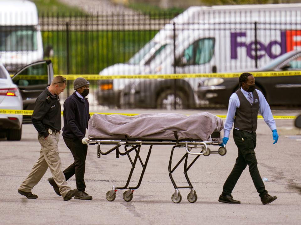 A body is taken from scene of shooting at Fedex facility in Indianapolis, Indiana.