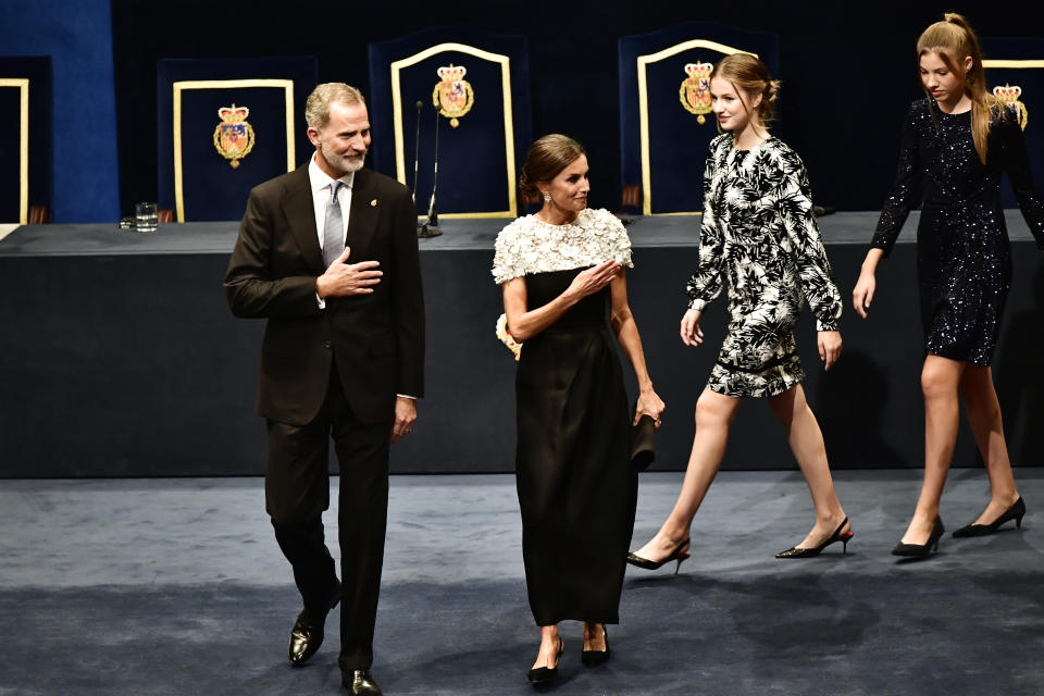 From left: Spanish King Felipe VI, Spanish Queen Letizia, Leonor, Princess of Asturias and her sister Sofia leave the 2022 Princess of Asturias Awards ceremony in Oviedo, northern Spain, Friday, Oct. 28, 2022. The awards, named after the heir to the Spanish throne, are among the most important in the Spanish-speaking world. (AP Photo/Alvaro Barrientos)