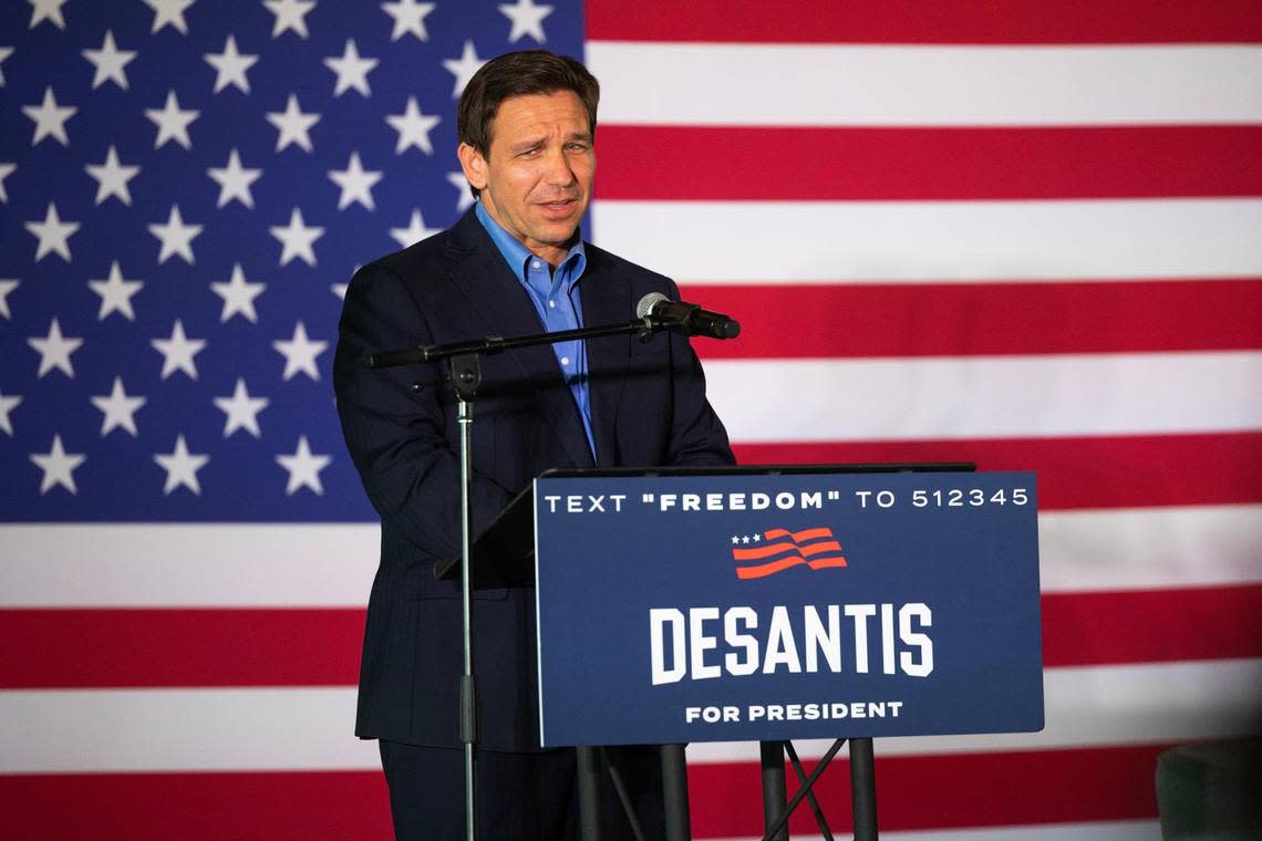 Florida Governor Ron DeSantis, who is running for the Republican Party’s nomination for president, holds a rally in Gilbert, South Carolina on Friday, June 2, 2023.