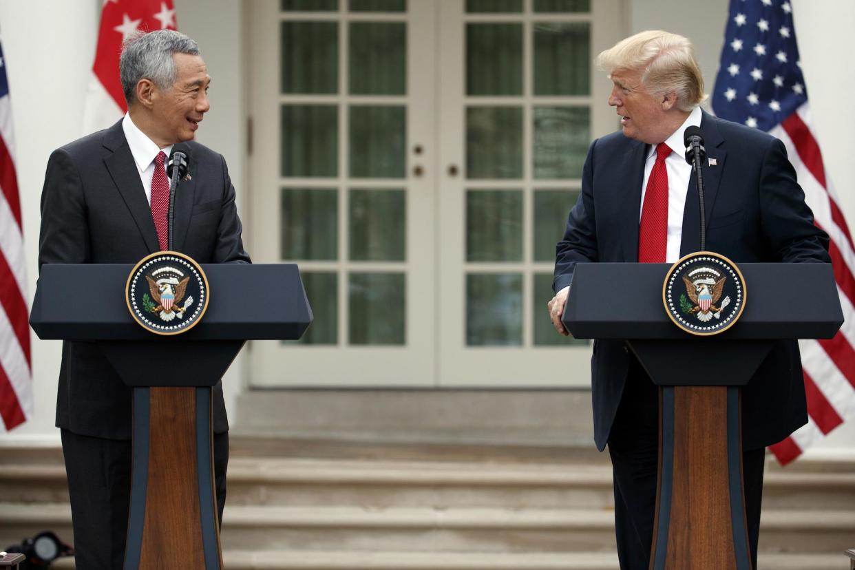 President Donald Trump speaks during a joint statement with Singapore's Prime Minister Lee Hsien Loong in the Rose Garden of the White House: AP